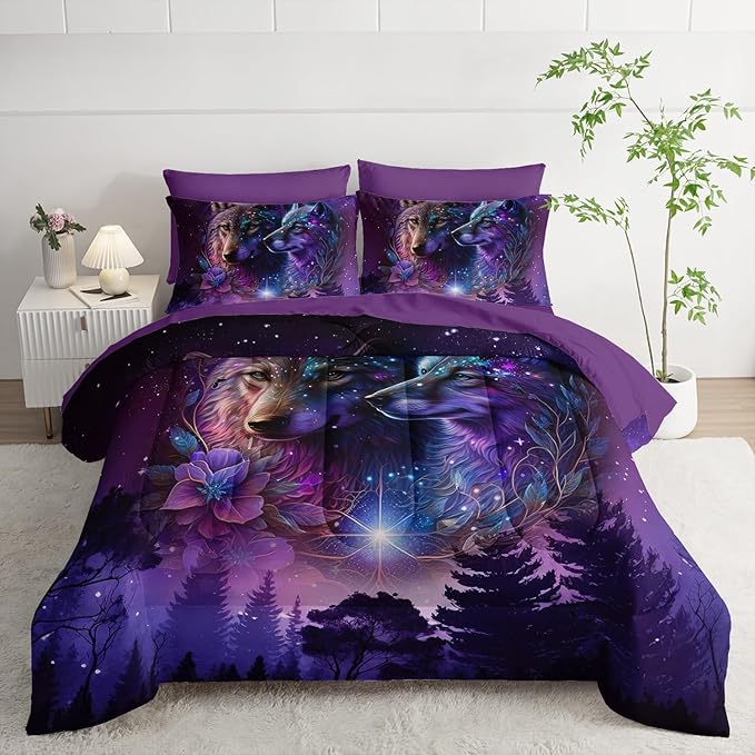 Wolf Comforter Set 7 Piece Twin Size Bed in A Bag,Animal Bedding for Room Decor,Soft Purple Wolf Comforter Rose Bedding with Fitted Sheet,Flat Sheet, Pillowcases & Shams