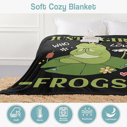 Frog Lover Blanket, Just A Girl Who Loves Frogs Blanket, Soft Warm Cozy Fleece Throw, Gifts for Girls Women Kids, 60"x80", Black