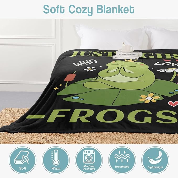 Frog Lover Blanket, Just A Girl Who Loves Frogs Blanket, Soft Warm Cozy Fleece Throw, Gifts for Girls Women Kids, 40"x50", Black