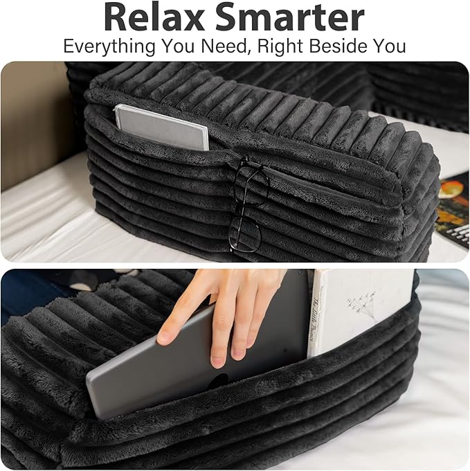 ENITYA 22" XL Back Pillow for Bed Sitting up, Built-in Arms & Big Pockets, Reading Pillow for Sitting in Bed Adult, Ideal for Sitting up/Watching TV/Reading/Gaming/Resting/Post Surgery, Black