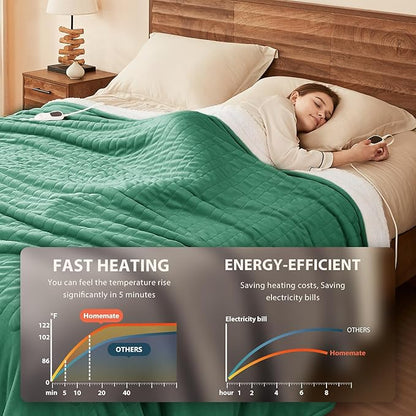 Homemate Heated Blanket Electric Throw - 50"x60" Heating Blanket Throw 1/2/4/6/8 Hours Auto-Off 10 Heat Level Over-Heat Protection Flannel Sherpa ETL Certification