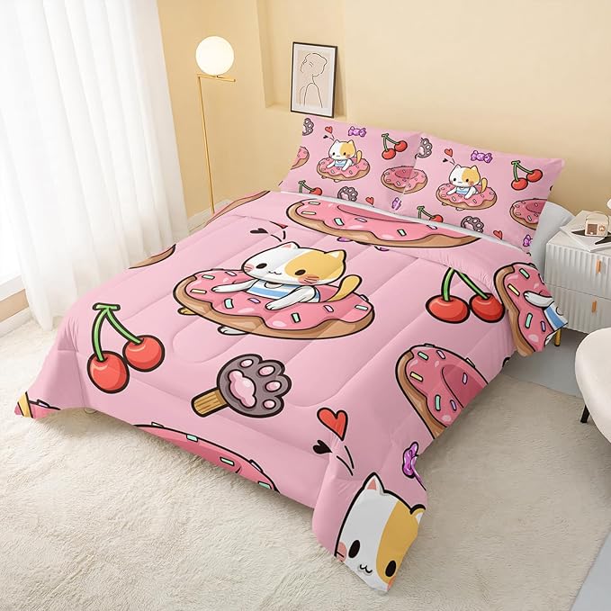 QOOMO Kawaii Cat Comforter Queen Size,Doughnut Cherry Cat Comforter Set for Kids Teens Girls,3Pcs Bedding Set Printed Comforter with 2 Pillowcases,Soft and Lightweight(Pink，Queen Size)