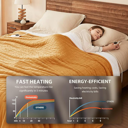 Homemate Electric Heated Blanket Full Size - 72"x84" Heating Blanket Full Size 1/2/4/6/8 Hours Auto-Off 10 Heat Level Over-Heat Protection Flannel Sherpa ETL Certification