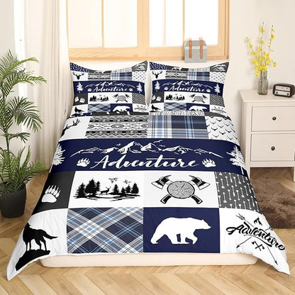 Deer Bear Bedding Set Twin Size,Rustic Farmhouse Wildlife Patchwork Blue Comforter Cover Set for Kids Girls,Camping Cabin Decor Boho Aztec Tribal Bedding Quilt Cover Set Bedroom Decor, 2 Pcs