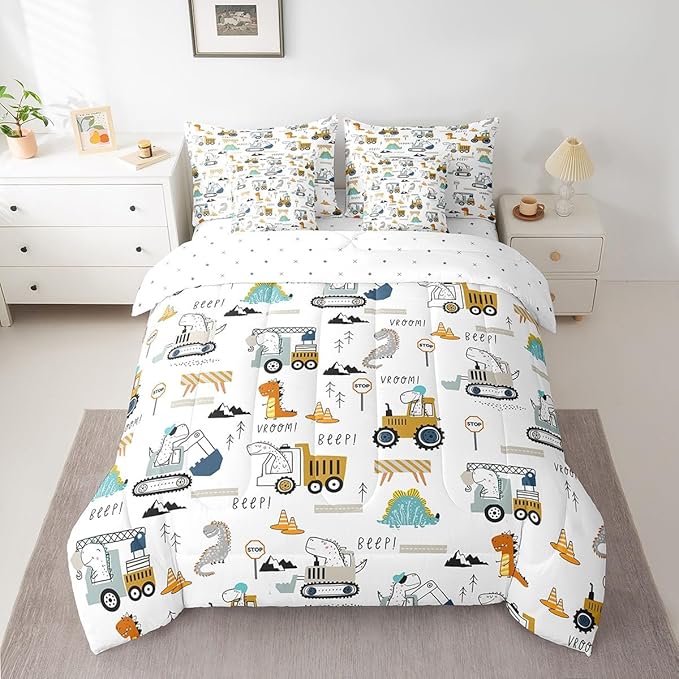 Feelyou Construction Comforter Set with Sheets 7 Piece Twin Size Equipment Trucks Bedding Set Dinosaur Bed in a Bag 3D Digital Print Yellow Bed Set with Comforter,Sheets,Pillowcases,Cushion Covers