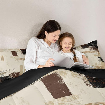 Feelyou Abstract Bedding Set Kids Modern Abstract Art Comforter Set Brown Grey Black Comforter for Boys Room Decor Lightweight Duvet Set Full Size with 2 Pillow Case