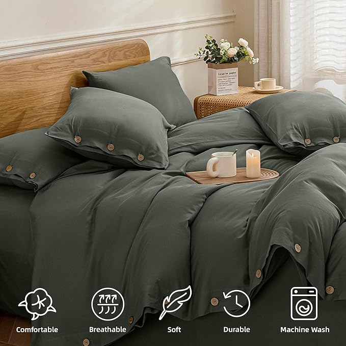 JELLYMONI Cotton Duvet Cover Cal King Size - Gray Comforter Cover with Button 100% Washed Cotton 3PCS Breathable Soft Solid Bedding Set Duvet Cover 104×98in & 2 Pillowcases (NO Comforter)