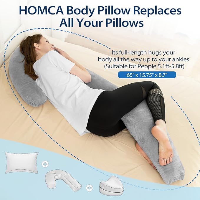 HOMCA Body Pillows for Adults with Shredded Memory Foam, 65 inches Long Side Sleeper Pillow Full Body Pregnancy Pillows for Sleeping with Washable Pillowcase for Back, Hip, Knee, and Leg Relief