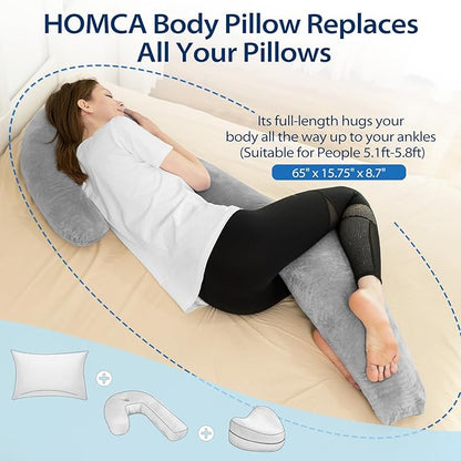HOMCA Body Pillows for Adults with Shredded Memory Foam, 65 inches Long Side Sleeper Pillow Full Body Pregnancy Pillows for Sleeping with Washable Pillowcase for Back, Hip, Knee, and Leg Relief