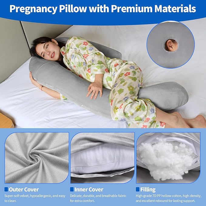 Pozico U-Shaped Full Body Pillow for Side Sleepers – 51-Inch Cooling Pregnancy Pillow with Ear Piercing Design for Neck, Back, and Hip Support – Removable Washable Cover Space-Saving Design