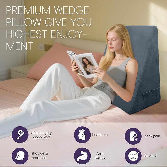 Memory Foam Bed Wedge Pillow (10"x24"x24") - Acid Reflux & Back Pain Relief, Anti-Snoring Incline Design, Removable Washable Cover for Sleep & Post-Surgery Support