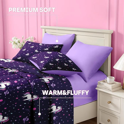 Nesker Comforter Set Queen Size, Purple Unicorn 7 Pcs Bedding for Kids Teens, Cute Rainbow with Fitted Sheet 2 Pillowcases & 2 Shams for Bedroom Bed Decor