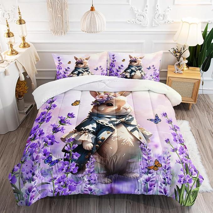 Lavender Rabbit Comforter Full Kids Rabbit Bedding Set Cute Bunny Quilt Bed Set Bedroom Decor Includes 1 Comforter, 2 Pillowcases for Girls Boys Teens