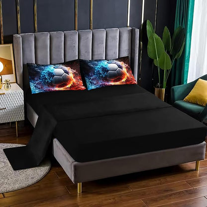 Soccer Print Comforter 7Pcs Gaming Sport Soccer Bedding Set for Kid Teen Girl Boy Adult Ball Sports Games Ice Fire Football Quilt Bed Set Twin with 2 Sheets,2 Pillowcases,2 Throw Pillow Covers