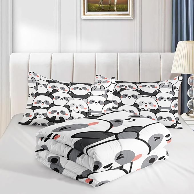 Kawaii Cartoon Black White Panda Bedding Animal Themed Comforter 3Pcs Twin Bear Pattern Bedding Set for Kids Teens Girls Boys Bed Decor Emoticon Panda Quilt with 1 Comforter and 2 Pillowcases
