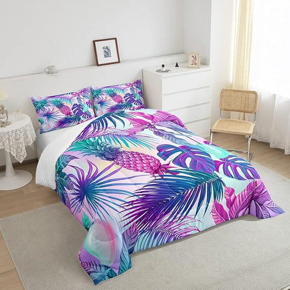Feelyou Cartoon Pineapple Comforter Palm Leaves Bedding Set for Kids Boys Girls Tropical Botanical Comforter Set Watercolor Purple Blue Decor Quilt Set Bedroom Collection 3Pcs Full Size