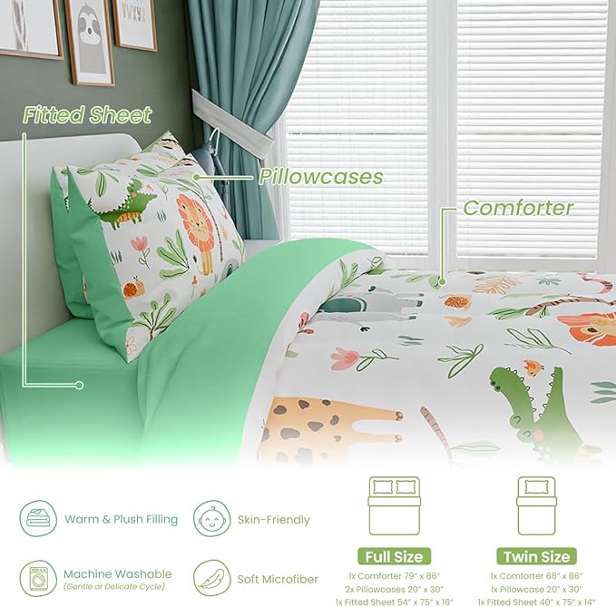 Jungle Animal Kids Bedding Set for Boys Girls, Ultra Soft Microfiber Comforter Set Twin Size 3-Pieces, Comforters Bed Sets for Kid Tween Teen Bedroom Decor