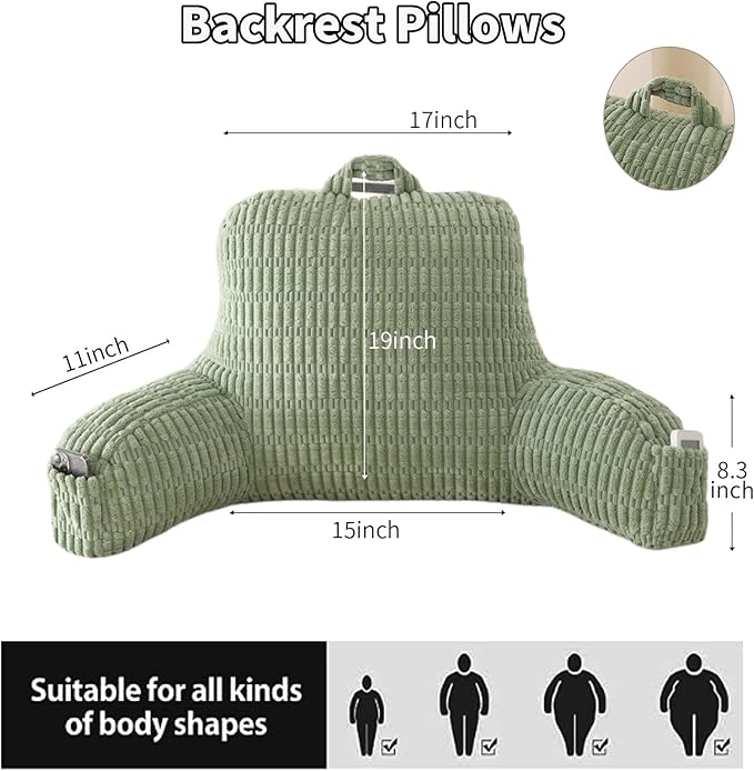 Reading Pillow for Sitting in Bed, Large Backrest Reading Pillow with Arm Rest,Back-Rest Support Cushion for Sit Up on Couch, Sofa, and Floor, Dorm Essentials (Green Corduroy, Large(19"))