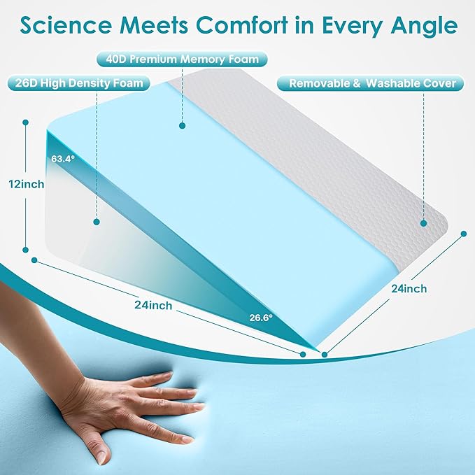 12 inch Bed Wedge Pillow for Sleeping, Reading & Resting, Cooling Memory Foam Incline Pillow Wedge for Adults Seniors, Ideal for Couch, Bedroom & Living Room, Removable Washable Cover