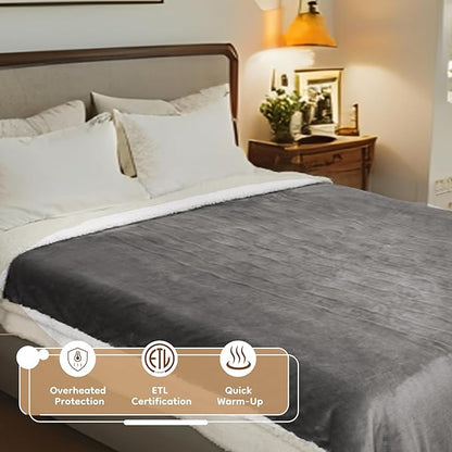 Electric Heated Blanket Twin Size - 62"x84", Soft Flannel Heating Blanket, 10 Heating Levels, 1-12 H Auto Shut Off, Breathable Warm and Washable for Bed, Light Grey