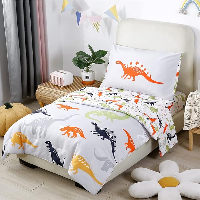URBONUR 4-Piece Toddler Bedding Set - Ultra Soft Cartoon Jurassic Dinosaur Print Boys Toddler Comforter Set - Include Comforter, Flat Sheet, Fitted Sheet and Reversible Pillowcase, Gray Dinosaur