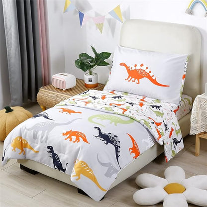URBONUR 4-Piece Toddler Bedding Set - Ultra Soft Cartoon Jurassic Dinosaur Print Boys Toddler Comforter Set - Include Comforter, Flat Sheet, Fitted Sheet and Reversible Pillowcase, Gray Dinosaur