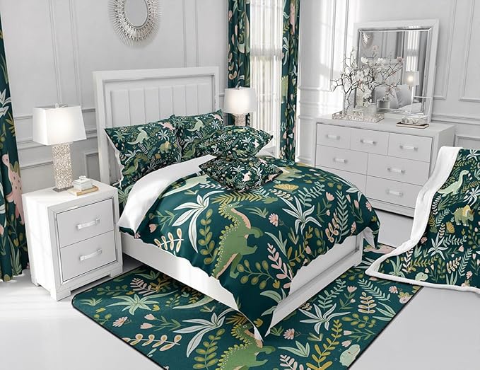 Castle Fairy Cute Dinosaur Duvet Cover Set Full Size,Kids Cartoon Dino Kawaii Animal Comforter Cover with 2 Pillowcases,Green Pink Leaves Plant Botanical Breathable Bedspread for Boys Teens