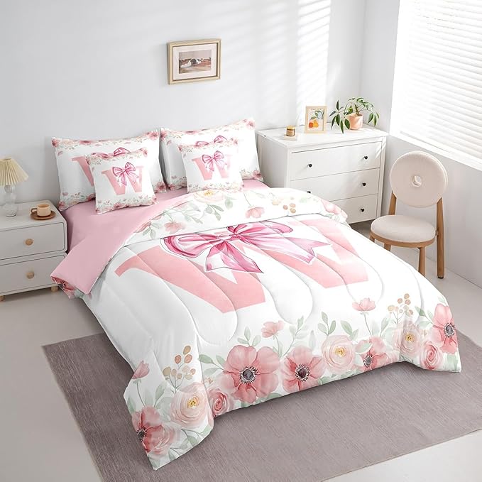 Erosebridal Pink Bow Tie Bowknot Bed in A Bag, Initial Letter W Bedding Sets, Romantic Flower Floral Comforter Set with Sheets for Kids Girls Dreamy Princess Style Bed Set Bedroom Decor King Size