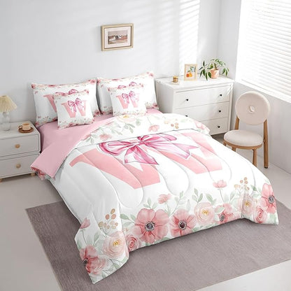 Erosebridal Pink Bow Tie Bowknot Bed in A Bag, Initial Letter W Bedding Sets, Romantic Flower Floral Comforter Set with Sheets for Kids Girls Dreamy Princess Style Bed Set Bedroom Decor King Size