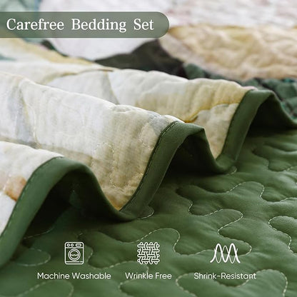 Drucon Floral Quilt King Size - 3 Pieces Green Quilt Botanical Bedspread Soft Lightweight Flower Bedding Set for All Season (104"x90")