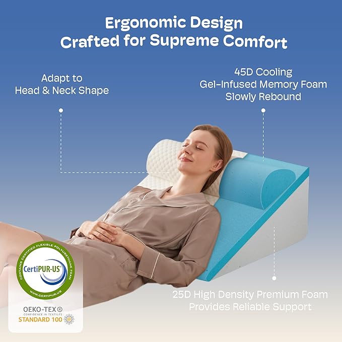 2PCS 12" Wedge Pillow with Adjustable Pillow, Wedge Pillow for Acid Reflux and Back Pain Relief, Snoring, Bed Wedge Pillow for Sleeping After Surgery. Triangle Pillow Wedge, Cooling Memory Foam Top