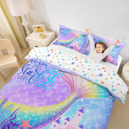 Mermaid Tail Duvet Cover Set Twin Size,Rainbow Watercolor Mermaid Scale Bedding Set for Kids Girls Women Bedroom Decor,Fantasy Coral Castle Comforter Cover Girly Dreamy Quilt Cover,1 Pillowcase
