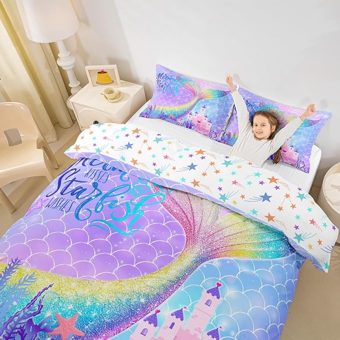 Castle Fairy Mermaid Fish Tail Duvet Cover King Size,Rainbow Watercolor Mermaid Scale Bedding Set 3pc Decor,Fantasy Coral Castle Comforter Cover Sea Life Quilt Cover,2 Pillowcases