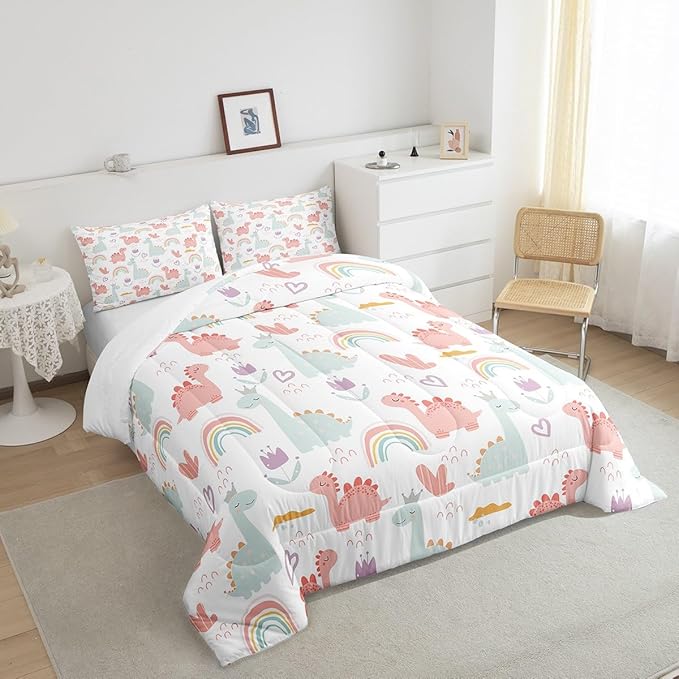 Feelyou Cartoon Dino Comforter Set Twin, Pink Green Dinosaur Comforter Cute Jungle Dino Comforter Set for Kids Boys Girls Cute Rainbow Duvet Set Microfiber Quilt Set