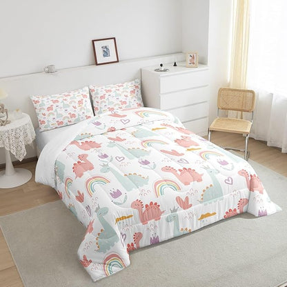 Feelyou Cartoon Dino Comforter Set Twin, Pink Green Dinosaur Comforter Cute Jungle Dino Comforter Set for Kids Boys Girls Cute Rainbow Duvet Set Microfiber Quilt Set