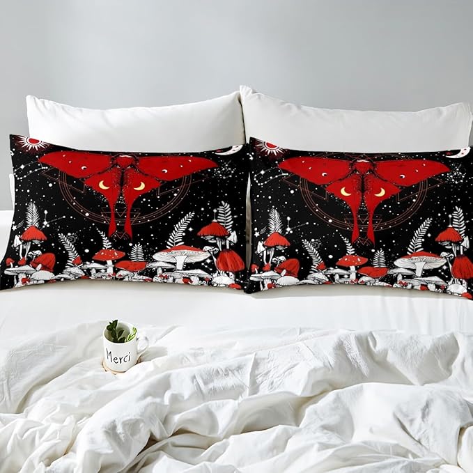 Castle Fairy Moth Comforter Covet,Trippy Red Mushroom Plant Duvet Cover for Girls Teens Bedroom Gift,Stars Moon Galaxy Space Comforter Cover Decorative with 2 Pillowcases, Full Size