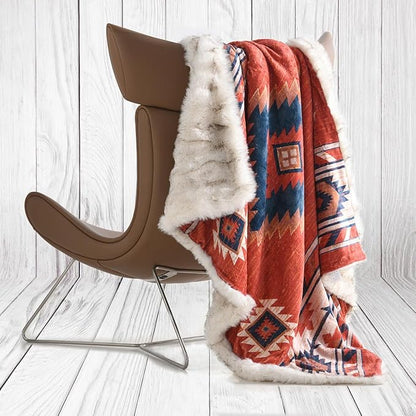 Luxury Plush Faux Fur Throw Blanket with Aztec Pattern, Super Warm, Fuzzy, Elegant, Fluffy Decoration Blanket for Couch, Armchair, Sofa and Bed, 60''x 80'', Red