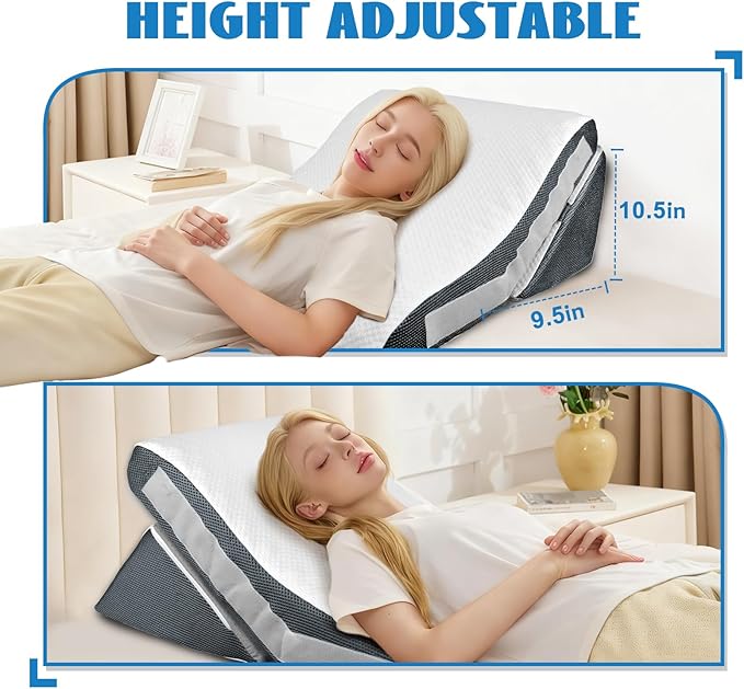 Wedge Pillow, 9&12" Adjustable Bed Wedge Pillow for Sleeping, Ergonomically Triangle Pillow for Back Pain Relief, Memory Foam Pillow Wedge for Post Surgery, Acid Reflux and Snoring, White/Grey