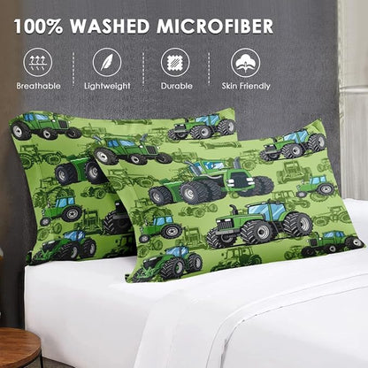 Twin Size Car Comforter Set with Pillowcase, Farm Tractor Summer Soft Green 2 Pcs Bedding for Kids and Adults, Plant Dirt Wheel Comforter Set for Room Bedroom Bed Decor