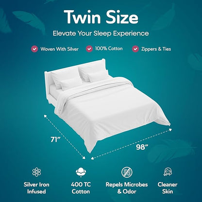 Sleepgram Supima Machine Washable 400 Thread Count Cotton Silver Ion Infused Luxury Zippered Duvet Cover with Travel Bag, Twin, White