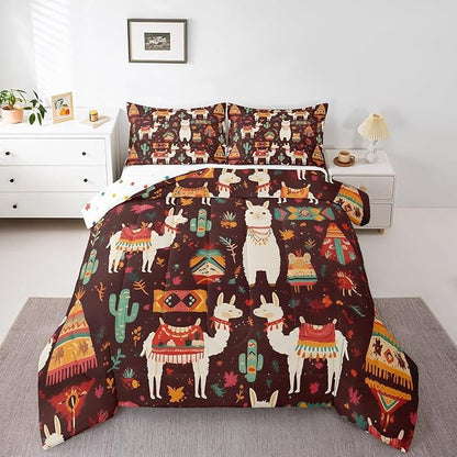 Bohemia Alpaca Bedding Set Twin Size Exotic Tribal Style Comforter for Child Teens Desert Cartoon Cactus Down Comforter Retro Rustic Western Duvet Insert with 1 Pillowcase
