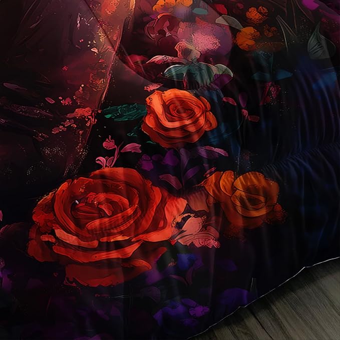 Skull Printed Comforter Set King Size,Skeleton Couple Embrace Bedding Romantic Flower Comforter Set for Kids Girls Room Decor,Artistic Aesthetics Bedding Set with 2 Pillowcases.