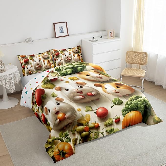 Castle Fairy 3D Guinea Pig Comforter Set Queen Size Kawaii Wild Animal Bedding Set Kids Boys Girls Vegetables Fruit Leaves All Season Quilt Set Cute Wildlife Bedding Comforter Sets,3Pcs