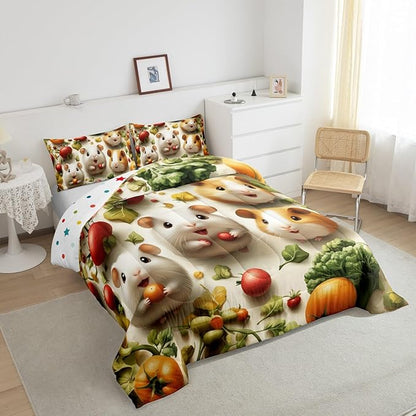 Castle Fairy 3D Guinea Pig Comforter Set Queen Size Kawaii Wild Animal Bedding Set Kids Boys Girls Vegetables Fruit Leaves All Season Quilt Set Cute Wildlife Bedding Comforter Sets,3Pcs