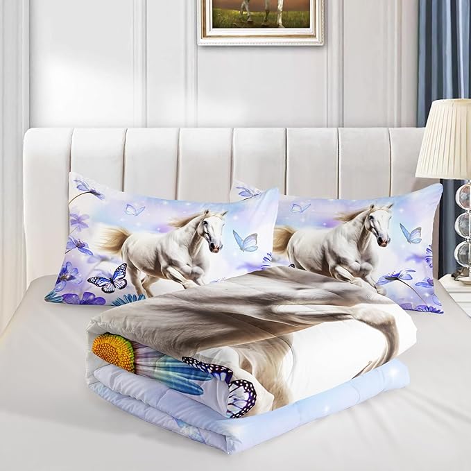 Horse Comforter 3 Piece Bedding Set,King Size Comforter Sets for Girls Boys Room Decor,Floral Butterfly Comforter Sets with 2 Pillowcases,Soft Lightweight Bedding Set for All Seasons.