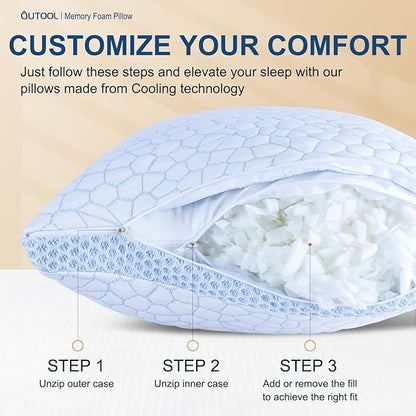 QUTOOL Enhanced Cooling Gel Pillow Queen Size 1 Pack, CertiPUR-US Shredded Memory Foam Pillows for Hot Sleepers, Support Yet Soft Adjustable Bed Pillow for Side, Back, Stomach Sleepers, Home Gifts