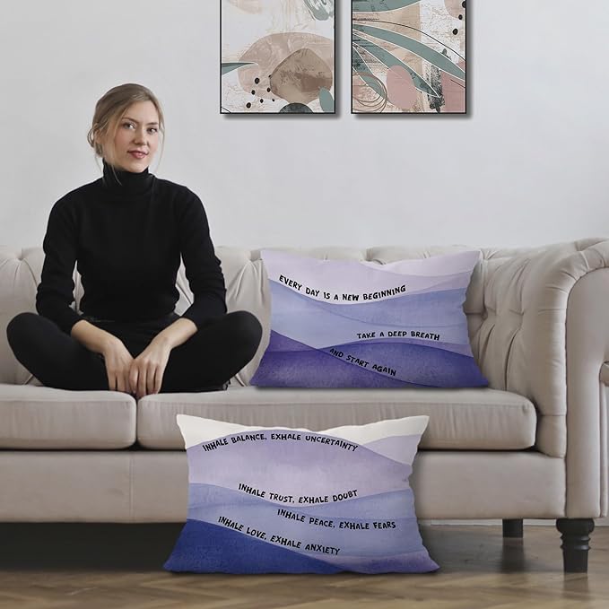 Inspirational Mental Health Pillow Covers 12x20, Stress Relief Gifts, Anti Anxiety Gifts, Purple Boho Psychology Decorative Lumbar Pillow Covers for Therapy Office Calming Corner, Set of 2