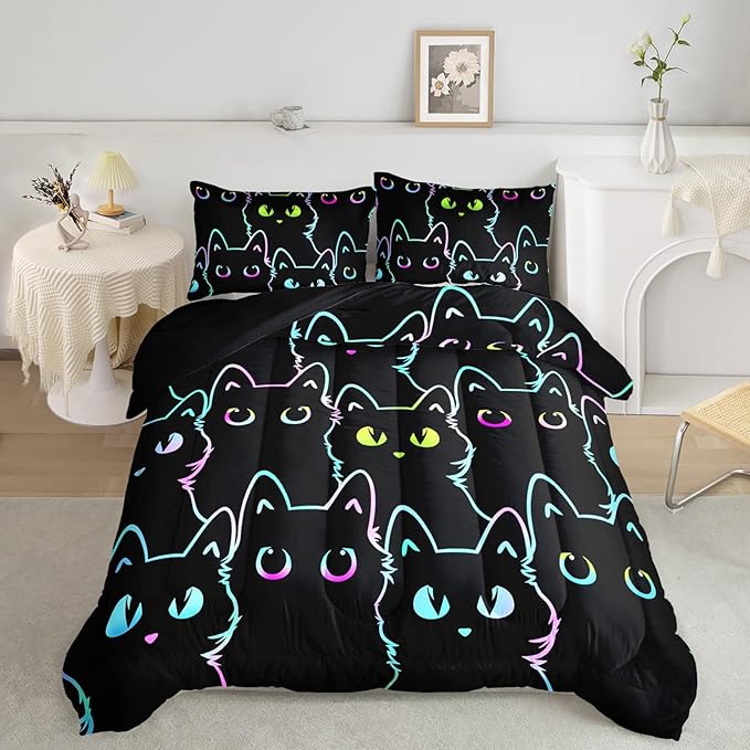 Axolotl Kids Bedding Cartoon Cat Comforter Set Queen Size,Gradient Line Cute Cat Bedding Set for Teens Kids Boys Girls Adults Room Decor,Kids Comforter Set All Season,1 Comforter 2 Pillow Cases,Black