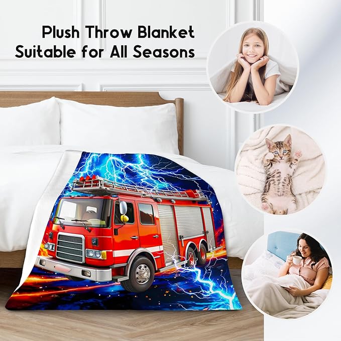 Boys Blanket for Kids, Fire Truck Blanket for Boys, Car Gifts with Lightning, Warm Fleece Throw for Couch Sofa, 40"x50"