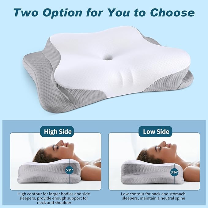Cervical Neck Pillow - Cooling Ergonomic Neck Support Pillow for Sleeping, Orthopedic Contour Memory Foam Pillows for Side, Back & Stomach Sleepers with Pillowcase (White)